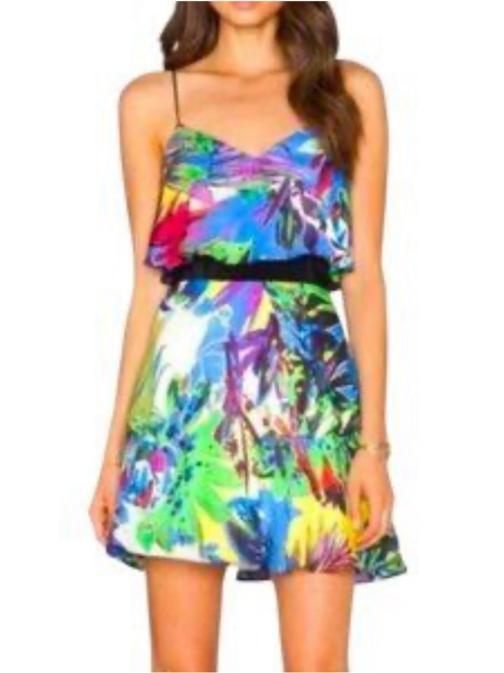 Milly Multicolor Tropical-Print Mini Dress with Black Waist